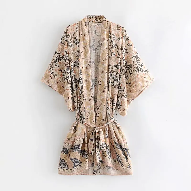 

Summer Boho Holiday Beach Trumpet Women Sashes Floral Print V-Neck Mermaid Dresses Short Sleeve Casual Vestidos Mujer