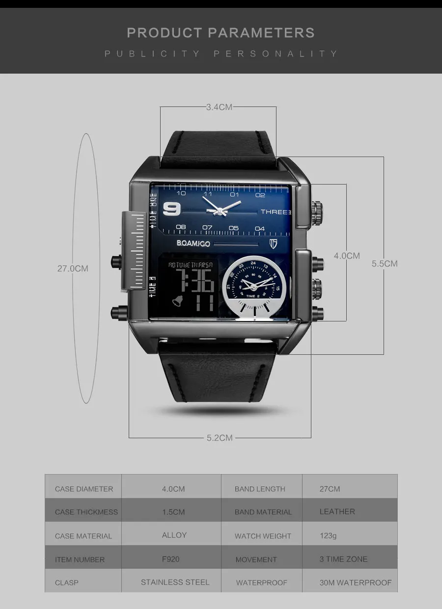 Новые Брендовые мужские часы BOAMIGO, водонепроницаемые, 3 часовых пояса, большие мужские модные часы, кожаные кварцевые мужские наручные часы, мужские часы