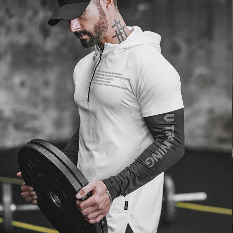 2019 Men Running Hoodies Sweatshirt Sportswear Zipper Neck Gym Hoodies Sport Short Sleeve Men's Sli