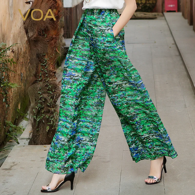 VOA Plus Size Loose Double Layer Silk Wide Leg Pants Green Mid Waist Casual Print Trouser Women 