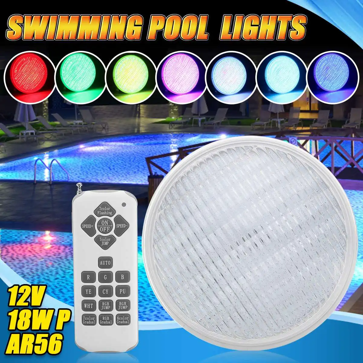 

170x100cm AC 12V 18W Par56 ABS IP68 RGB Remote Swimming Pool LED Lights Underwater Lights Lamp Outdoor Garden Party Decoration
