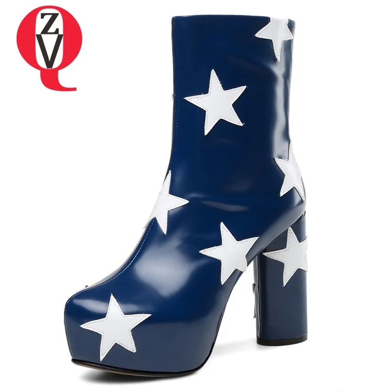 

ZVQ new mixed colors genuine leather super high strange style platform zip round toe women shoes fashion party mid calf boots