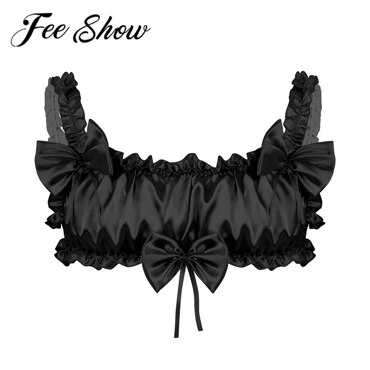 

Men Sissy Lingerie Nightwear Soft Satin Ruffled Frilly Elastic Wide Shoulder Straps Backless Wire-free Bra Top Exotic Underwear