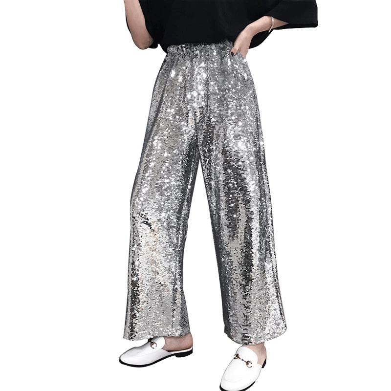 

Sequin Trousers Wide Leg Long Pants Silver Sparkle Women Elastic High Waist Flare Legs Dance Pantalones Cintura Alta