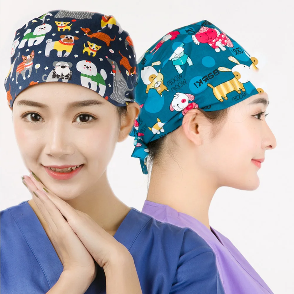 

Women's Surgical Scrub Cap Hat Cotton Print Medical Tieback Hats Nursing Caps Adjustable Sweatband Dentist Beautician Skull Cap