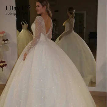 شراءفستان زفاف فاخر لؤلؤ كامل نقطة ساطعة تول أكمام طويلة ثوب حفلة 2020 فساتين زفاف Vestido De Noiva Princesa Luxo