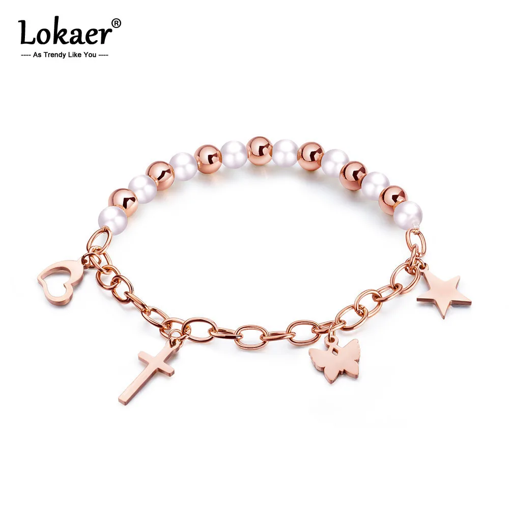 

Lokaer Simulated Pearl Heart Butterfly Cross Star Charm Bracelets Bangles Jewelry For Women Stainless Steel Diy Bracelet OGS991