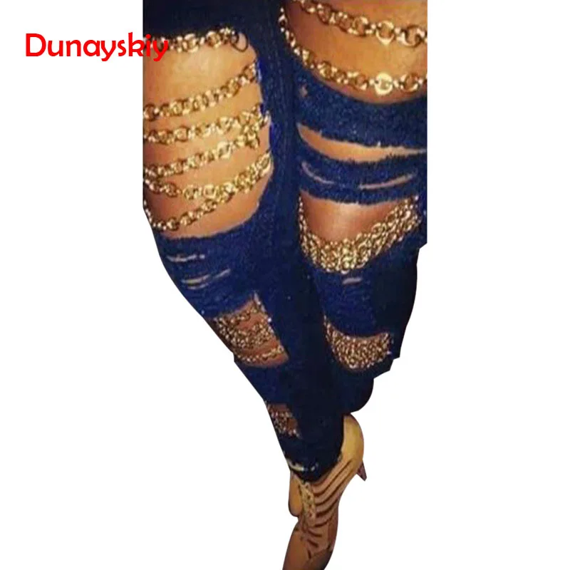 

2019 Waist Women Jeans Burst Women's Hole Chain Fashion Cool Jeans Pants Denim Pants Femme Boyfriend for Women Plus Size New