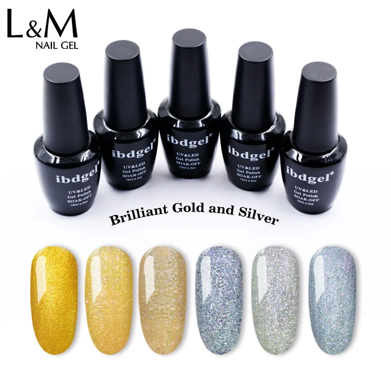 

6 pcs ibdgel Brilliant gold and silver nail gel polish soak off UV/LED Nail gel black bottle