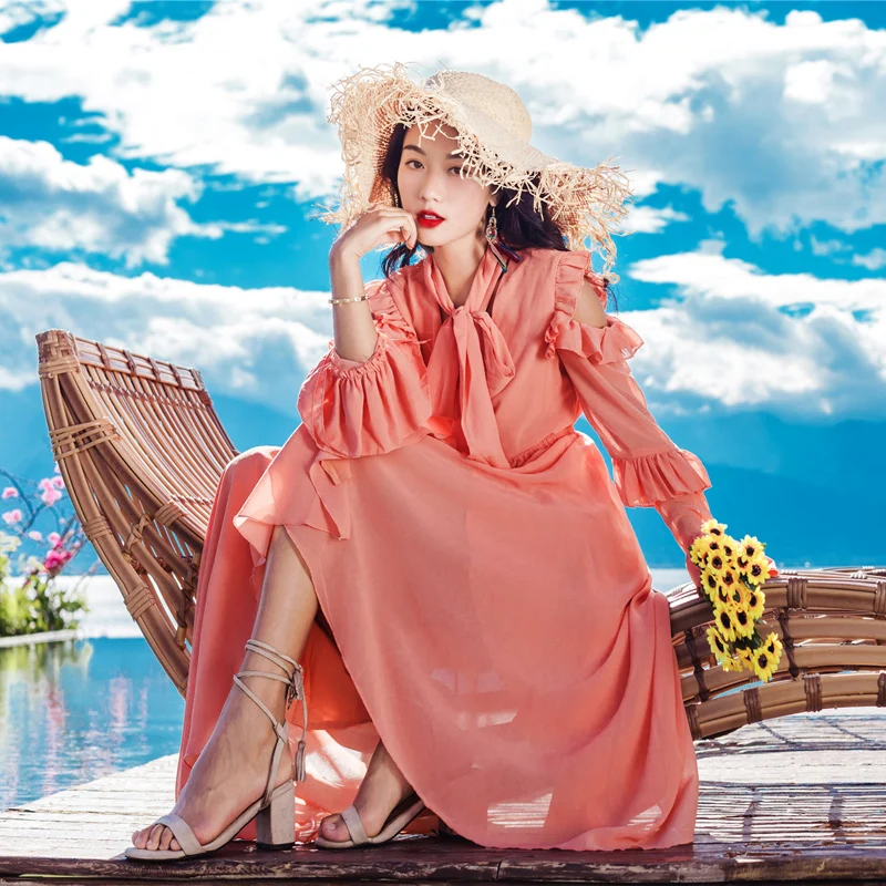 

2019 Summer New Arrival Fashion Bow Collar Long Sleeve Irregular Chiffon Long Dress