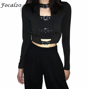

Focal20 Harajuku Hollow Out Multiple Buckle Women T-shirt Spring Long Sleeve Sexy Bodycon Female T Shirt Tee Top Streetwear