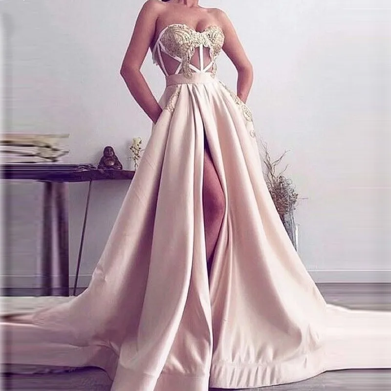 Розовые вечерние платья, с высокой талией, с разрезом, с карманами, с золотыми аппликациями, специальное официальное Макси вечернее платье, платье для выпускного вечера, Vestido Noiva - Цвет: same as photo