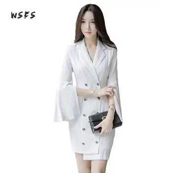 

Wsfs Autumn Long Flare Sleeve White Striped Dress For Women Notched Sexy Slim Party Vintage Bandage Mini Dresses Vestidos Mujer