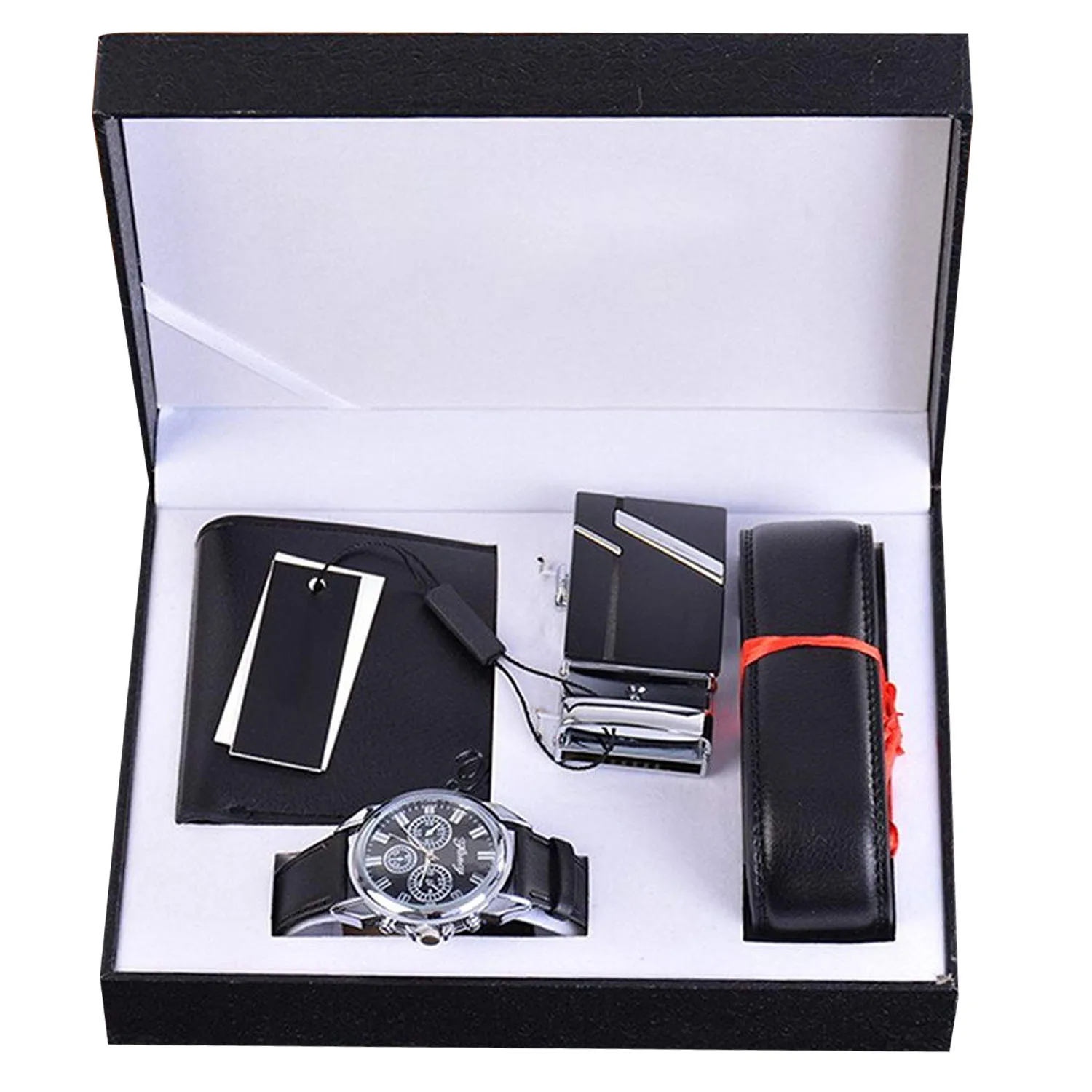 Mens Black Artificial Leather Quartz Analog Wrist Watch Belt Wallet Set with Box Mens Black Artificial Leather Quartz Analog Wrist Watch Belt Wallet Set with Box
