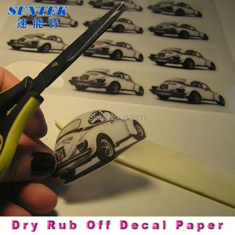 Dry Rub Off Decal Paper.  Transfer onto surfaces such as paper, card, plastic, fabric, metal or wood - For light coloured surfaces use clear pape