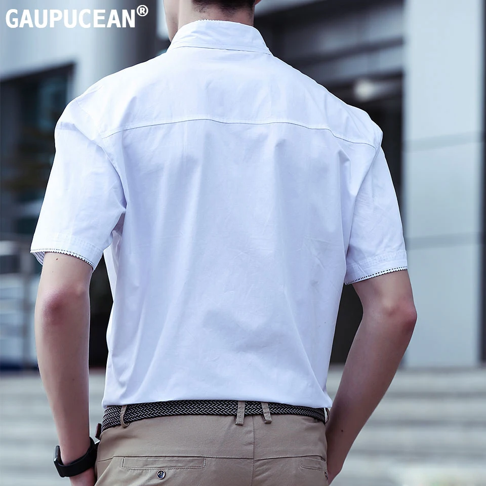 Gaupucean лето Человек Однобортный 100% хлопок мужской темно-Белый Серый Синий короткий рукав одноцветное Бизнес Формальные Для мужчин платье