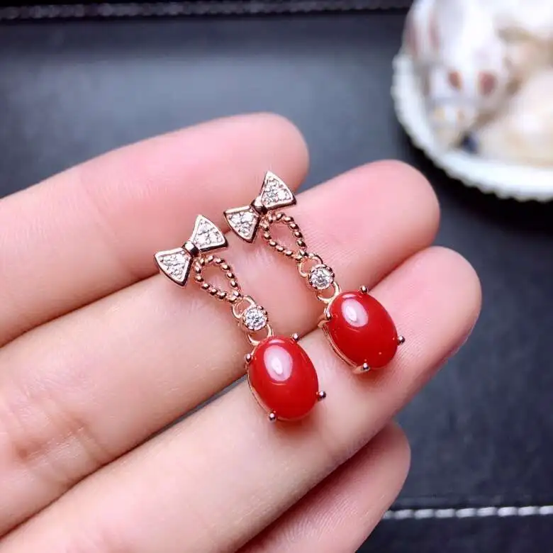 Серьги подвески женские из серебра 925 пробы с натуральным красным