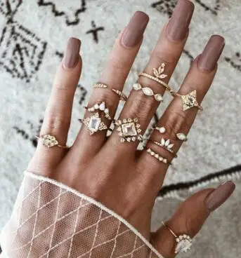 GTQ 12pcs/sets Vintage Natural Crystal Stone Joint Rings Geometry Water Drop Flowers Women Accessories Bohemian Jewelry | Украшения и