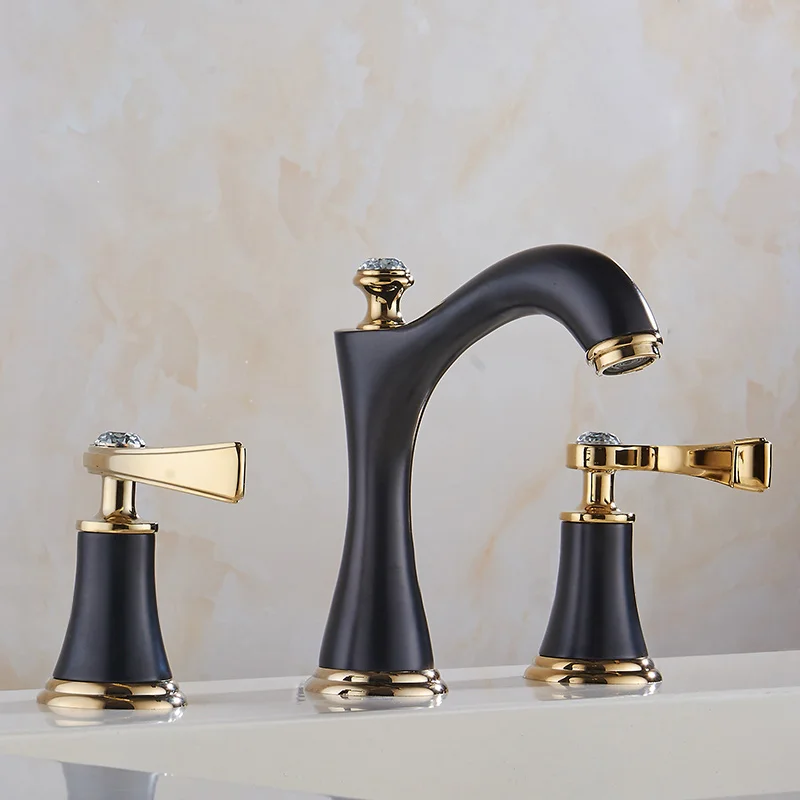 

Black three-hole basin faucet cold and hot washbasin faucet split double-handle European antique three-piece set all copper