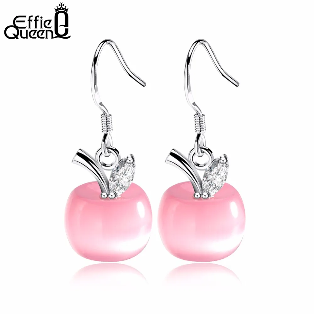 

Effie Queen Cute Romantic Style Pink & White Apple Cat's Eye Stone Dangle Drop Earrings for Women Girls DE20