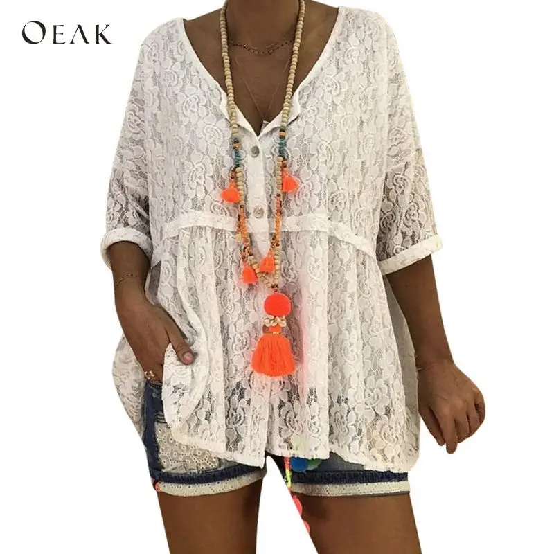 OEAK 5XL плюс размер женские сексуальные кружевные прозрачные рубашки блузки с v