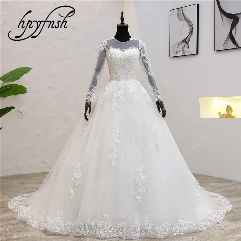 

Luxury Lace Ball Gowns O-neck Ivory Tulle Full Sleeve train Muslim Wedding Dress Bridal Gown Robe Marriage Vestido de Noiva