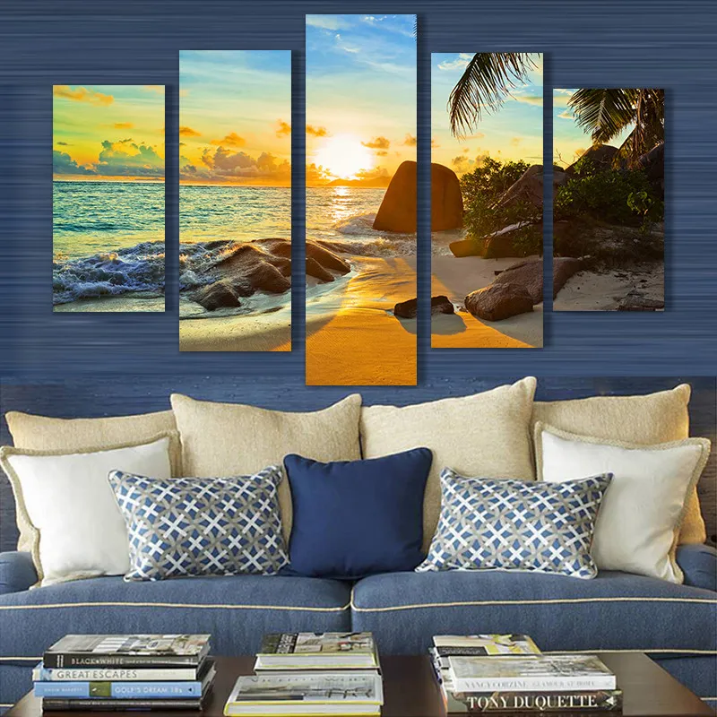 Стены книги по искусству HD печатных фотографии украшения дома плакаты 5 панель море пляж восход пейзаж современные рамки гостиная живопись