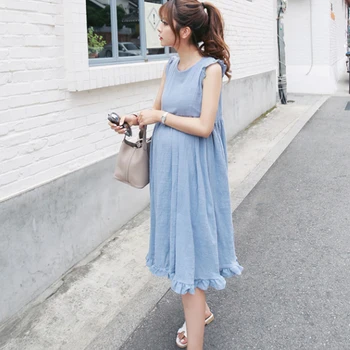 

Korean Causal Loose Maternity Dress Clothes Blue Pink Linen Dresses For Pregnant Women Pregnancy Wear Summer Clothing 2020