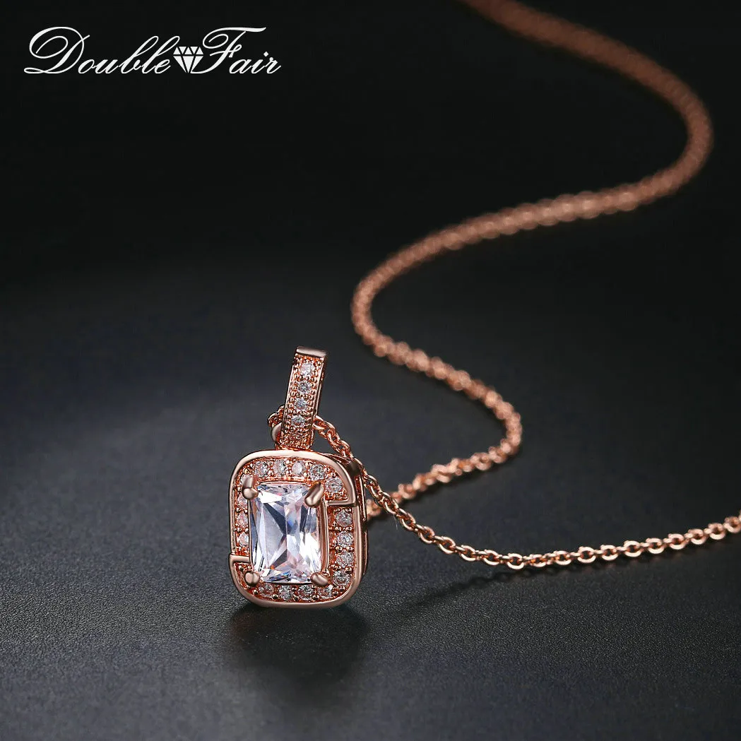 Double Fair Elegant Style Square Cut Stone Necklaces & Pendants For Women Rose Gold Color Fashion Jewelry Women's Chain DFN408