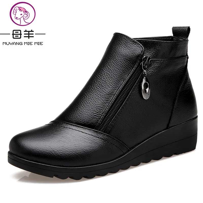 

MUYANG MIE MIE Winter Women Shoes Woman Genuine Leather Wedges Snow Boots Velvet Warm Ankle Boots Women Boots