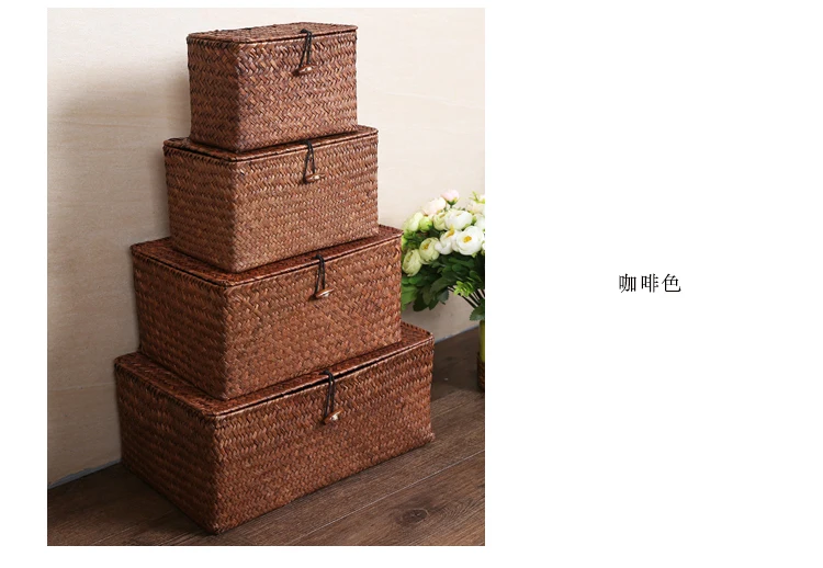 Handmade straw storage basket desktop debris covered rattan storage box home organization and storage woven basket ZP7181505