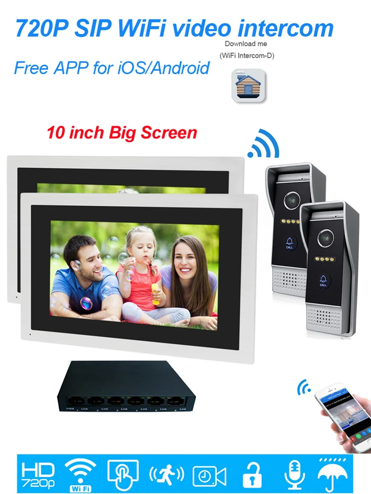 720P HD и поддержкой Wi-Fi IP видео-телефон двери видео домофон 10 дюймов Сенсорный экран 2 дверей дома Система контроля доступа мобильное
