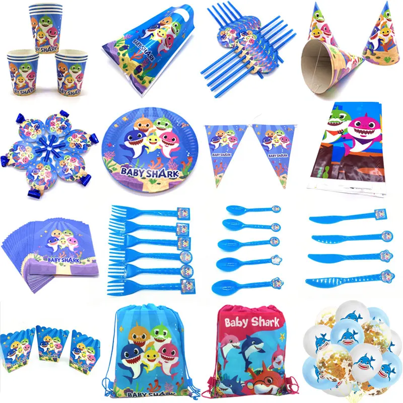 

2019 Hot Song Baby Shark Theme Tableware Girl Birthday Party Cup Plate Straw Napkin Cap Tablecover birthday party decorations