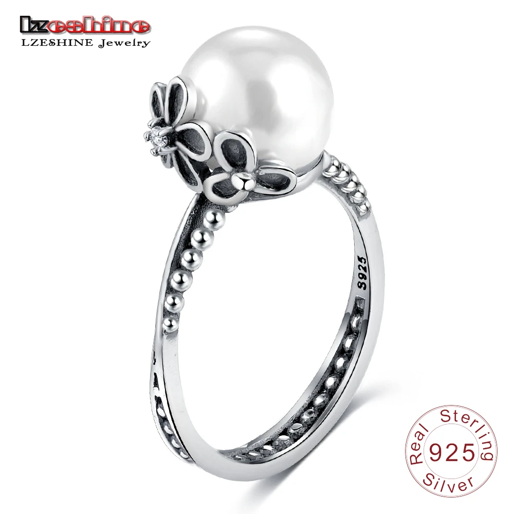 

LZESHINE Authentic 100% 925 Sterling Silver Female Rings with Simulated Pearl For Women Finger Ring anillos mujer PSRI0082-B