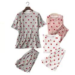 Женский пижамный комплект с принтом в виде сердца, круглый вырез + шорты, комплект из 2 предметов, лето 2019, новая женская одежда для сна