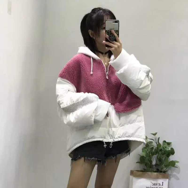

new arrival asymmetric length coat winter women real price duck down jacket pacthwork sheep fur parka plus size hooded coats