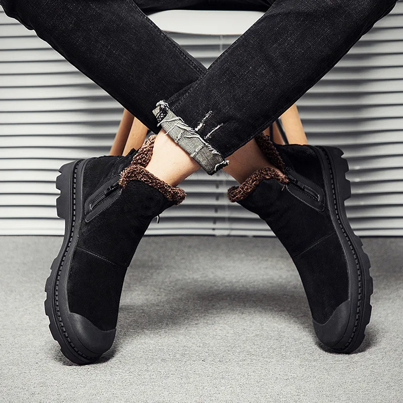 Goede Winter Schoenen Mannen 2018 Zwart Lederen Rits Laarzen Mannen Bont Pluche Binnenzool Enkellaarsjes Comfortabele Mannen Flats Vintage Stijl