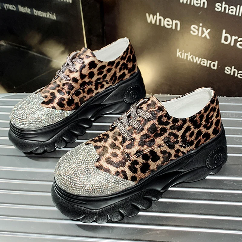 

Designer Spring Glitter Leopard Sneakers Women Leather Crystal Casual High Platform Shoes Woman Chunky Trainers Chaussure Femme