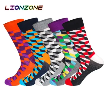 

LIONZONE 5Pairs/Lot Diamond Pattern Long Socks Odd Future Funny Colorful Socks US9-13 Big Size Men Socks Cotton Breathable