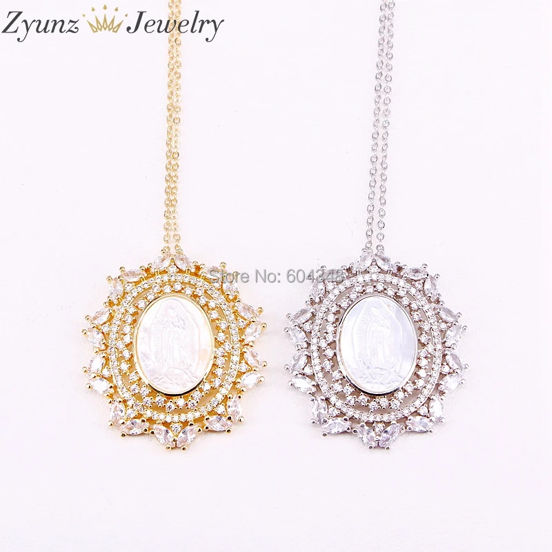 

5 Strands ZYZ300-4437 Oval Shaped Shell Necklace Micro Pave CZ Zirconia Jesus Shell Pendant Chain Necklace Jesus Religious