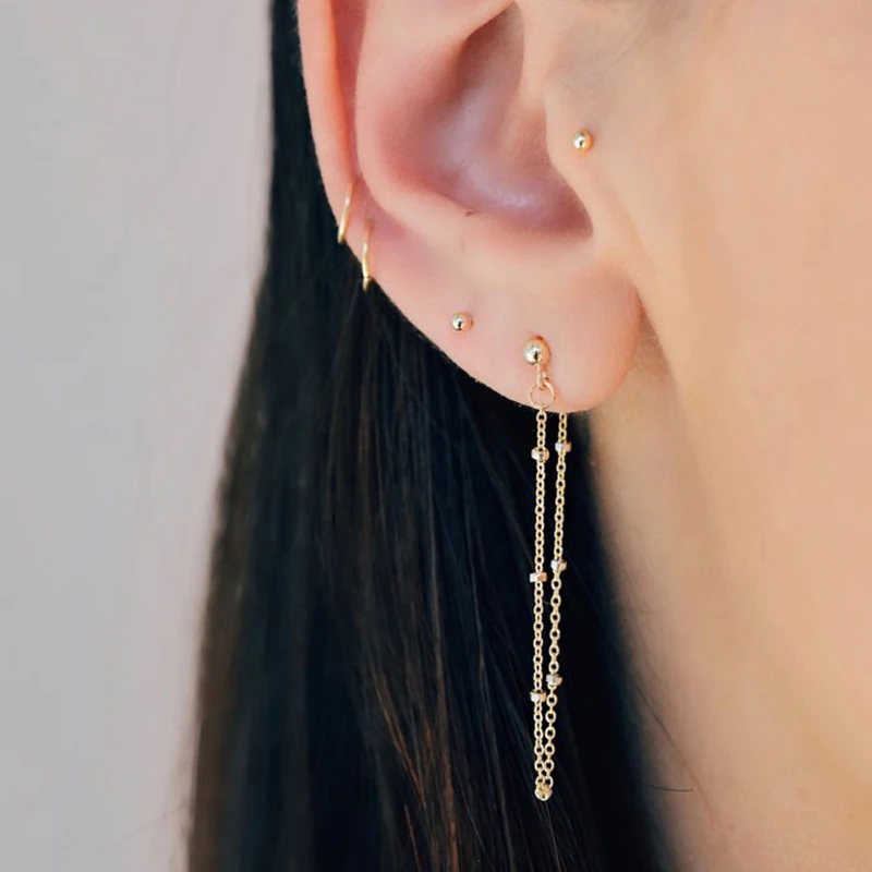 

LWONG 4mm Ball Tiny Beaded Chain Ear Jacket Earrings for Women Minimalist Thin Chain Earrings 2018 New Simple Ear Cuff Earrings