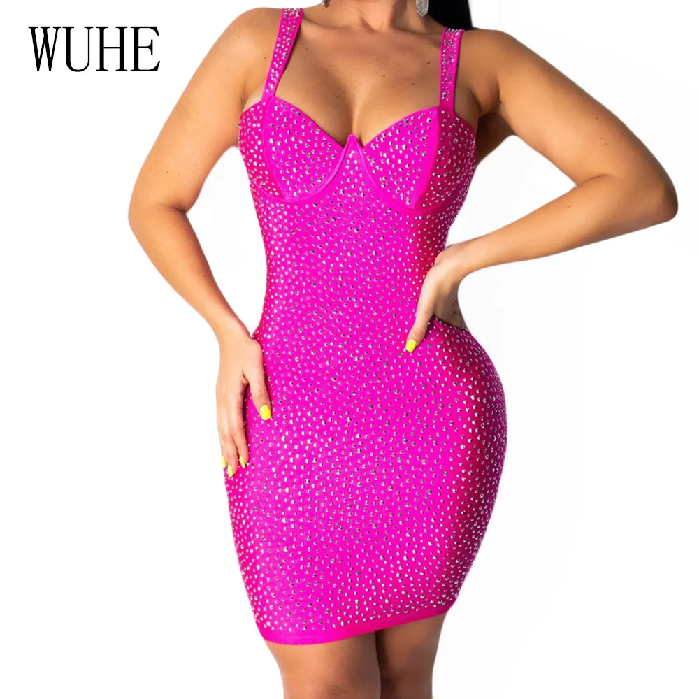 

WUHE Fashion Off Shoulder Sleeveless Bodycon Sexy Reflective Dress Summer Women Elegant Crystal Diamond Glitter Party Slim Dress