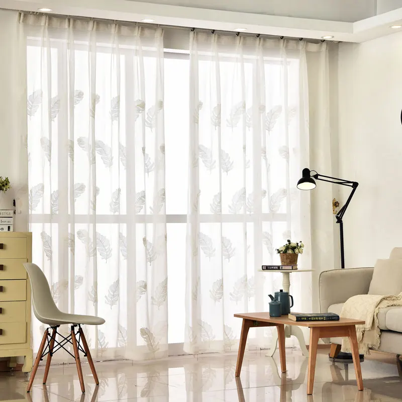 Finished Feather Embroidered Sheer Curtains White Cheap Curtains for