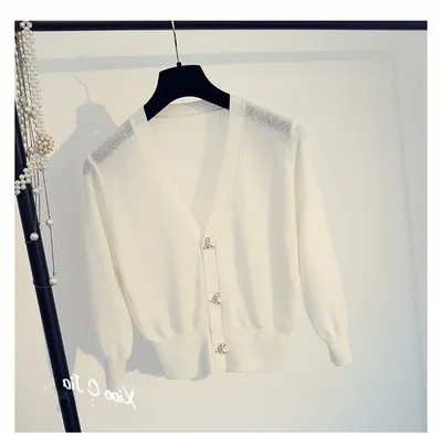 Летний вязаный кардиган, Женская куртка, короткий дизайн, тонкий свитер, 5 цветов, S, M, L, XL - Цвет: Белый