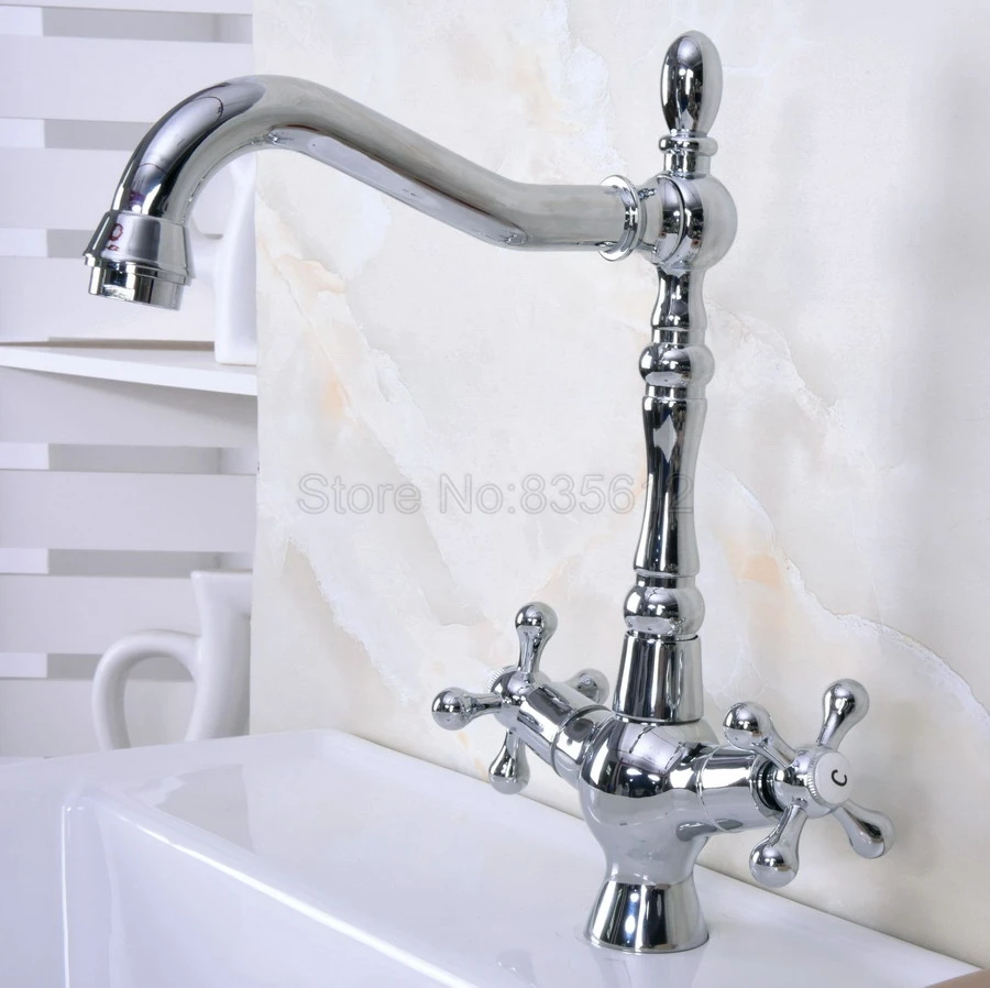 

Chrome Bathroom Sink Faucet Basin Mixer Tap Double Cross Head Handle Single Hole Hot and Cold Water tnf920