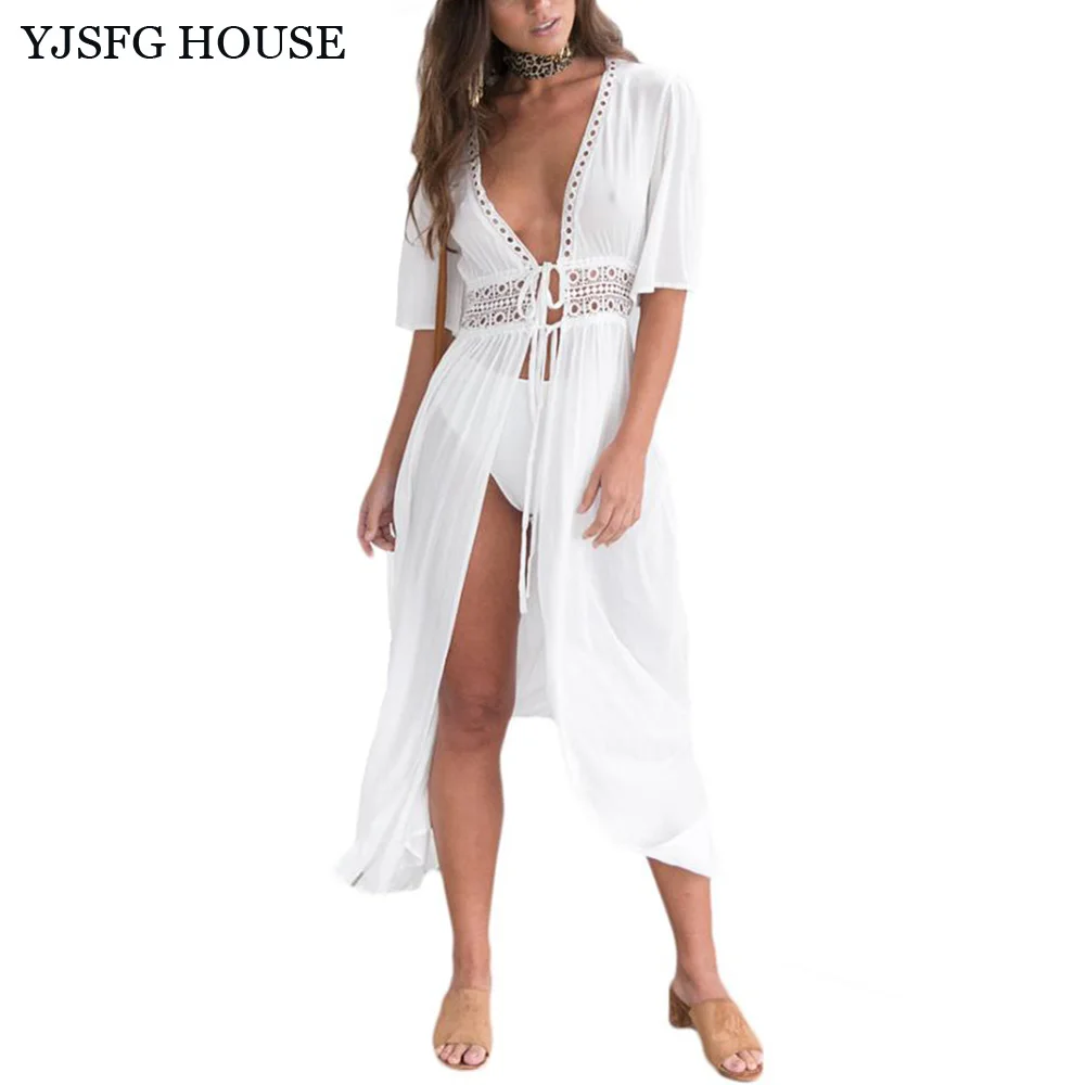 YJSFG HOUSE модные сексуальные женские однотонные Белые пляжные платья в стиле бохо