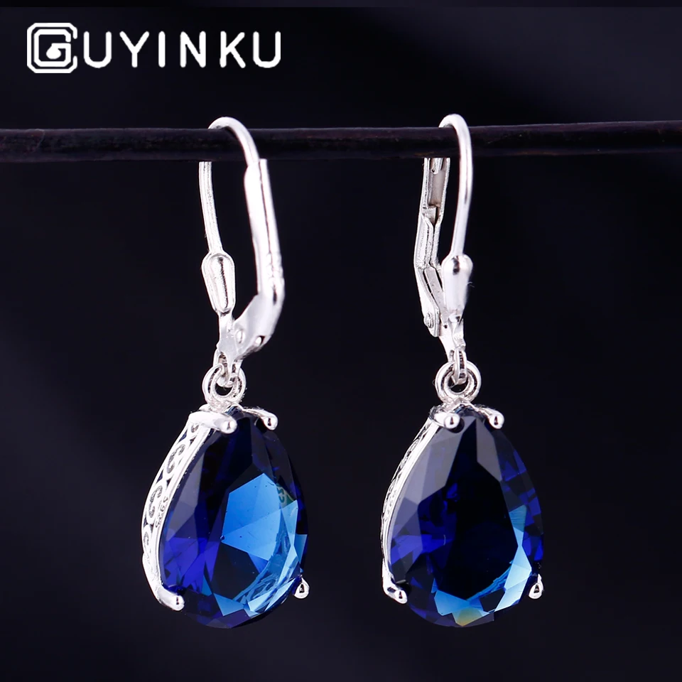 Женские серьги клипсы с голубым топазом GUYINKU из настоящего серебра 925 пробы