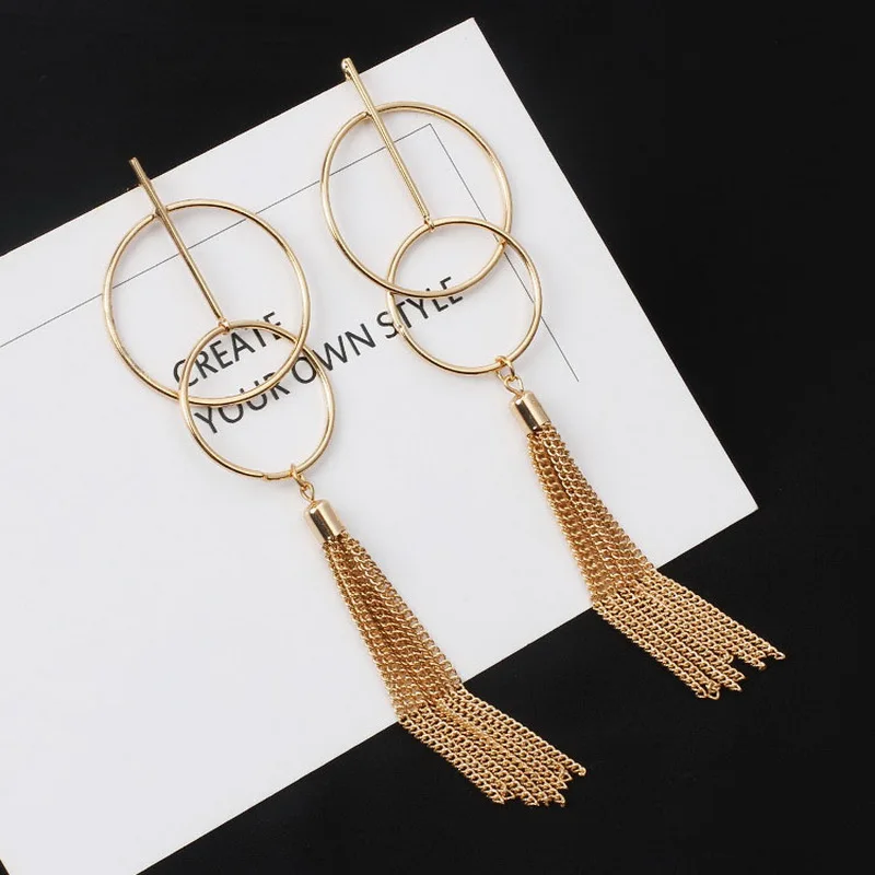 

New Trendy Long Chain Tassel Double Round Circle Pendant Earrings for Women Geometric Drops Dangle Earrings Ear Jewelry RY139