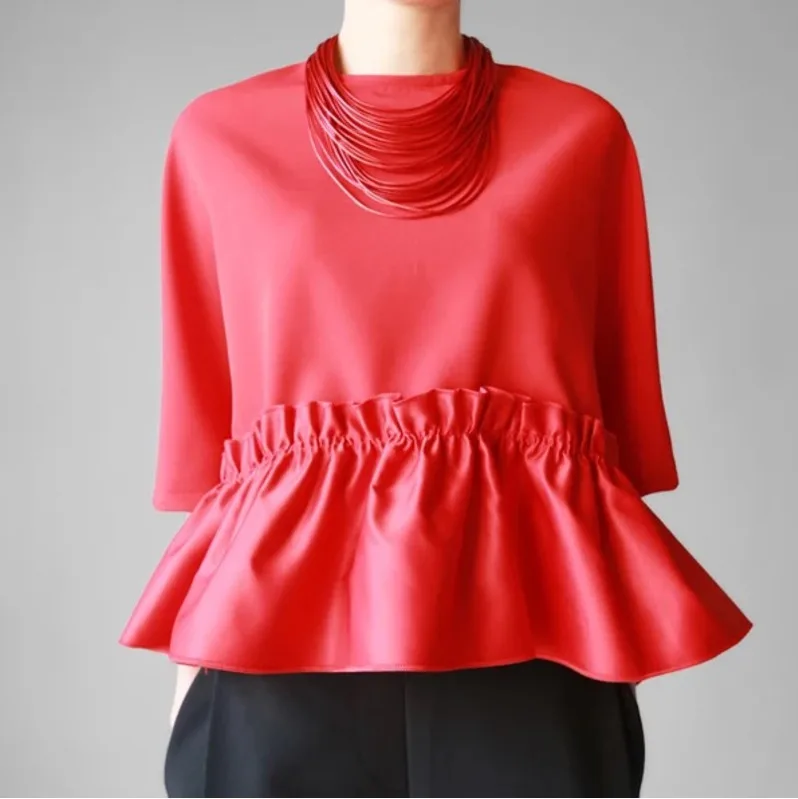 

LANMREM 2019 New Summer summer Fashion Tide Turtlenck Batwing Sleeve Patchwork Ruffles Hem Woman Pullover Shirt SC083