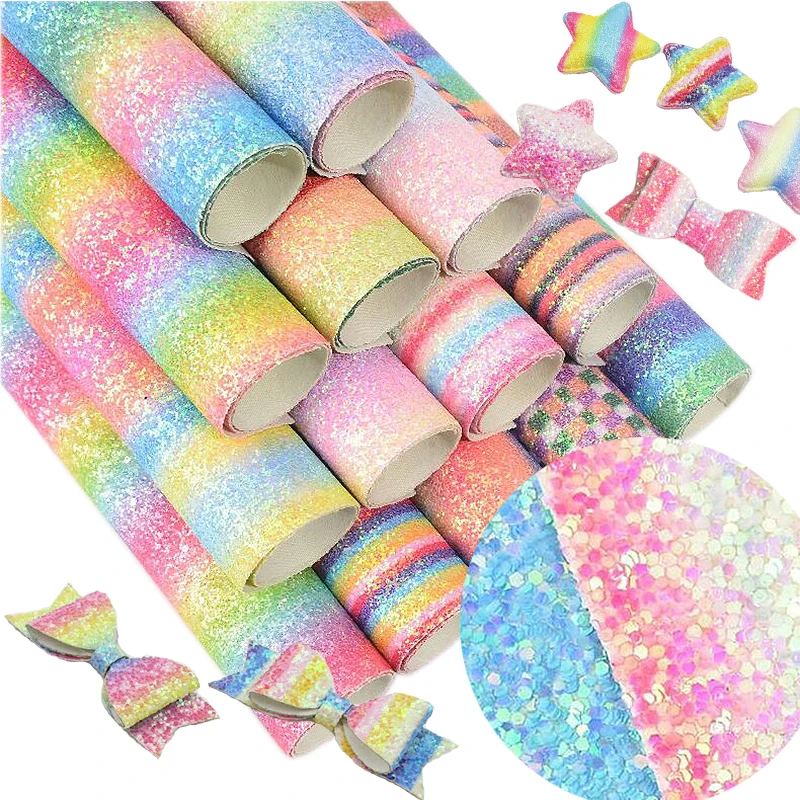 

22*30CM Rainbow Color Glitter Fabric Synthetic leather hair bow diy decoration crafts Apparel Sewing Clothes For Sewing doll